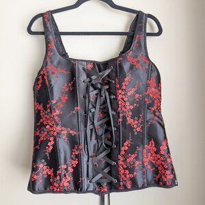 Corset Lace Up Bustier with red floral blossom oriental print with size zipper